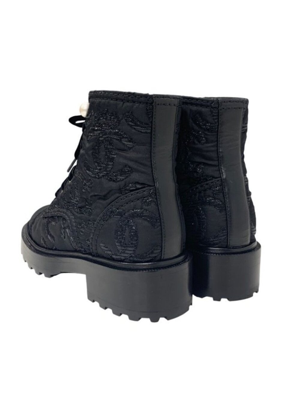Chanel Boots Short Shoes Fabric Black Coco Mark Lace Up Pearl - Picture 5 of 10